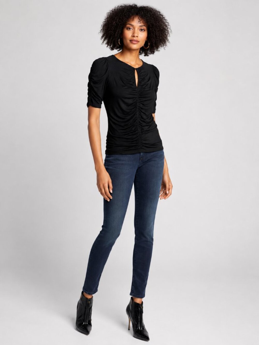 FRAME Shirred Keyhole Knit Top Black Blouson Sleeve Stretch Size M | NWT